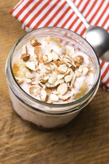 Sweet dessert in glass jar - strawberry cake