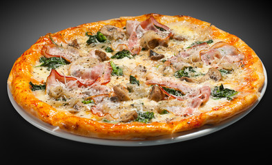 Pizza with  ham, mushrooms, spinach