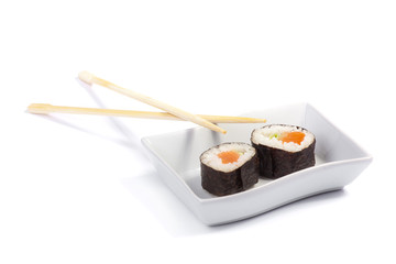 Two maki sushi in a white tray