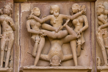 Erotic carvings at Khajuraho Temple, Madhya Pradesh, India