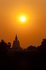 Sunset silhouette of Mahabodhi temple, Bodhgaya, India