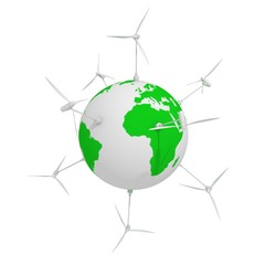 Naklejka premium Wind Energy Concept. green globe world with wind generators