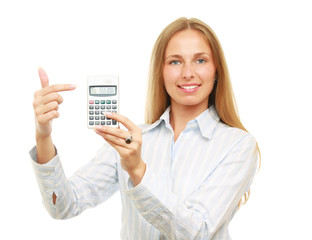 A businesswoman pointing on a  calculator, isolated on white