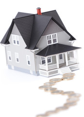 Coins in front of household architectural model, isolated