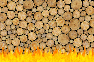 Stacked Logs Background in red flame