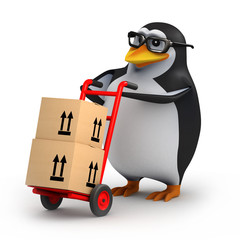 3d Penguin in glasses delivers some parcels