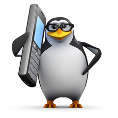 3d Penguin in glasses with a big cell phone