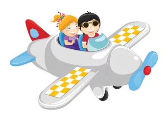 Crédence de cuisine en verre imprimé Avion, ballon Enfants volant en avion