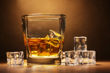 glass of scotch whiskey and ice