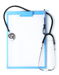 stethoscope and blue clipboard isolated on white