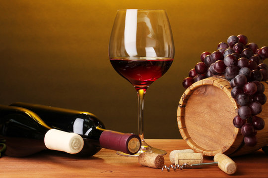 In wine cellar. Composition of wine bottles and runlet