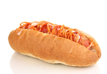 Appetizing hot dog isolated on white
