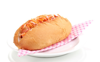 Appetizing hot dog on plate isolated on white