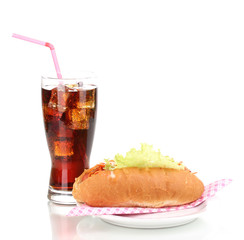 Appetizing hot dog and cola isolated on white