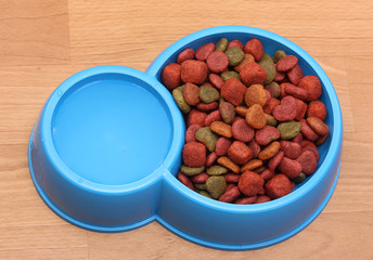dry dog food and water in blue bowl on the floor