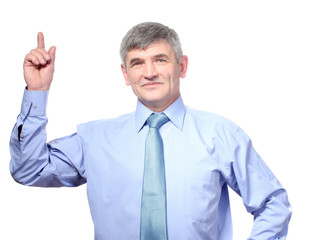 serious businessman presenting showing with copy space for your