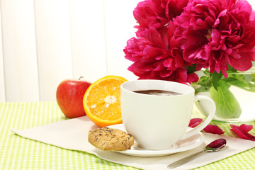cup hot chocolate, apple, orange, cookies and flowers