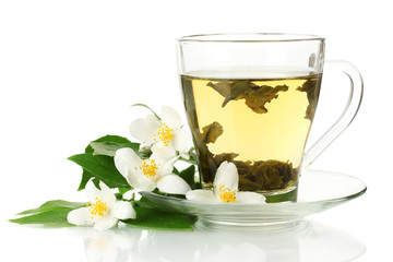 cup of green tea with jasmine flowers isolated on white