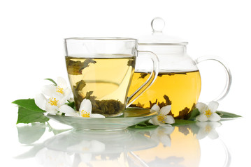 green tea with jasmine in cup and teapot isolated on white