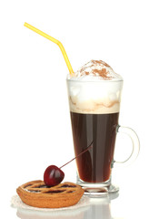 glass of coffee cocktail with tart on doily isolated on white