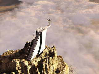 Clavadista a punto de saltar desde un trampol&iacute;n en las alturas