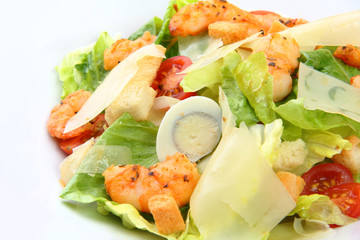 closeup Caesar salad with shrimps