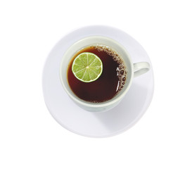 cup of tea with lime (lemon) isolated on white