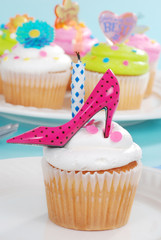 Birthday cupcake with pink polka dot high heel shoe