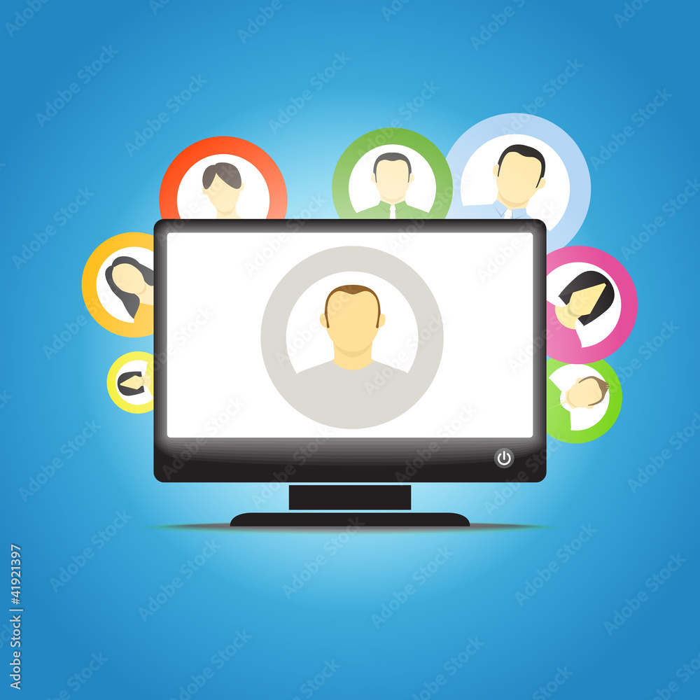Poster glowing computer monitor and social media members icons