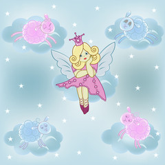 The beautiful small thoughtful fairy on a cloud