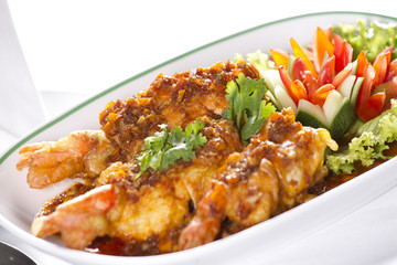 fried prawns, fried prawns with sauce decorated