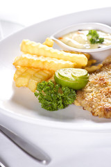 steak pork chop, close up pork chop with potato and white sauce