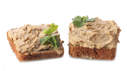 Fresh pate on bread isolated on white