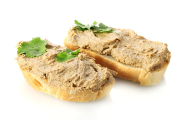 Fresh pate on bread isolated on white