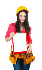 beautiful young girl-builder  holding folder isolated on white