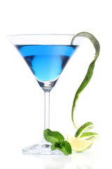 Blue cocktail in martini glass isolated on white