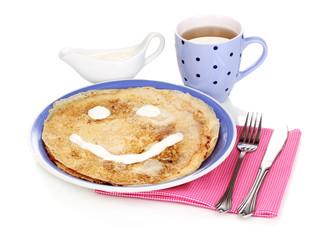 Stack of tasty pancakes isolated on white