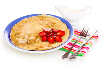 Stack of tasty pancakes isolated on white