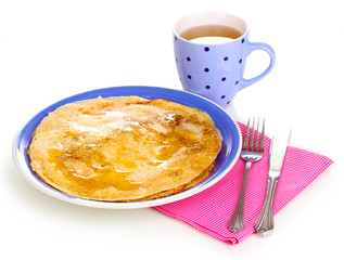 Stack of tasty pancakes isolated on white