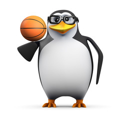 3d Penguin in glasses balances a basketball