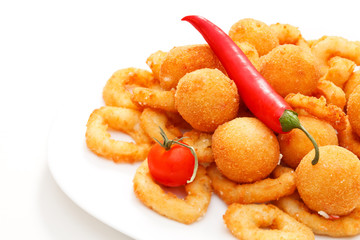 fried onion rings and cheese balls