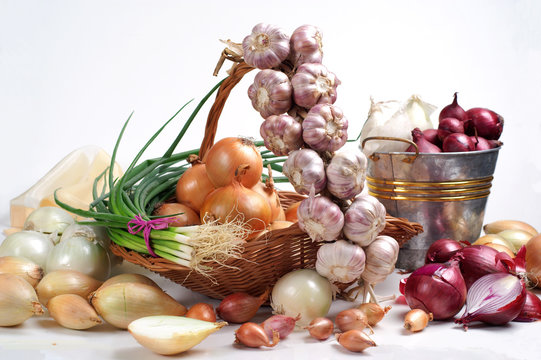 onion, garlic and chives