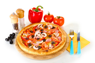 Aromatic pizza with vegetables isolated on white