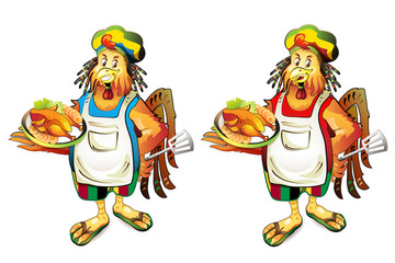 Cartoon cook coconut with smoked chicken