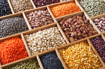 peas, beans and lentils in the wooden box