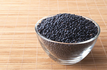 glass bowl full of beluga lentils