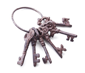 bunch of antique keys isolated on white