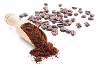 ground coffee and coffee beans