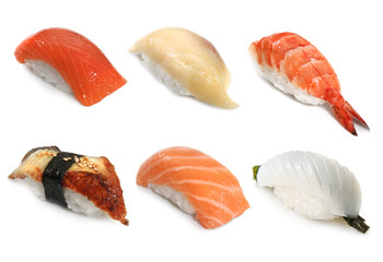 six sushi on the white background