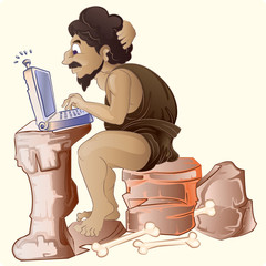 prehistoric man operating laptop
